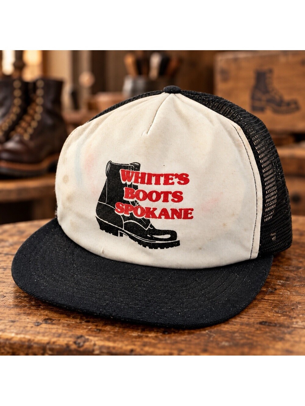 Vintage 80s White’s Boots Spokane Trucker Hat Made USA Snapback Mesh Workwear